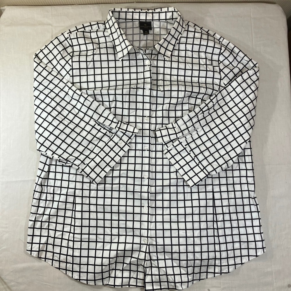 Worthington Woman 2X White Black Windowpane Check 3/4 Sleeve Button Down Shirt